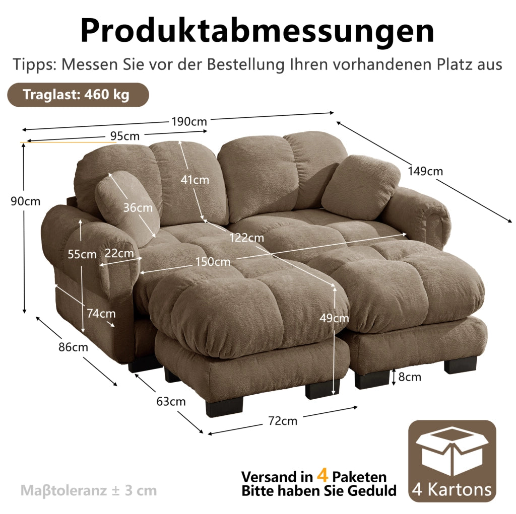 Divano 2 posti in ciniglia marrone con pouf mobile, design a U modulare, con cuscini spessi e supportivi