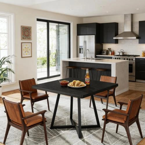 Tavolo da pranzo quadrato per due-quattro persone con piano in MDF e struttura in metallo, stile industriale nero