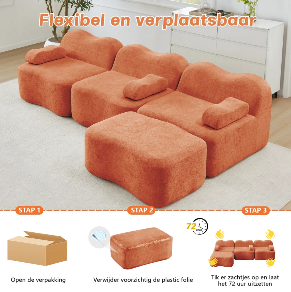 Divano modulare angolare 3 posti con pouf, schiuma ad alta densità 32D, rivestimento in velluto arancione per soggiorno