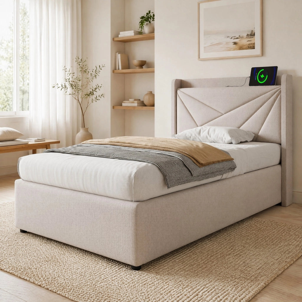 Letto singolo con contenitore 90x200 cm; testiera con USB e Type-C; beige