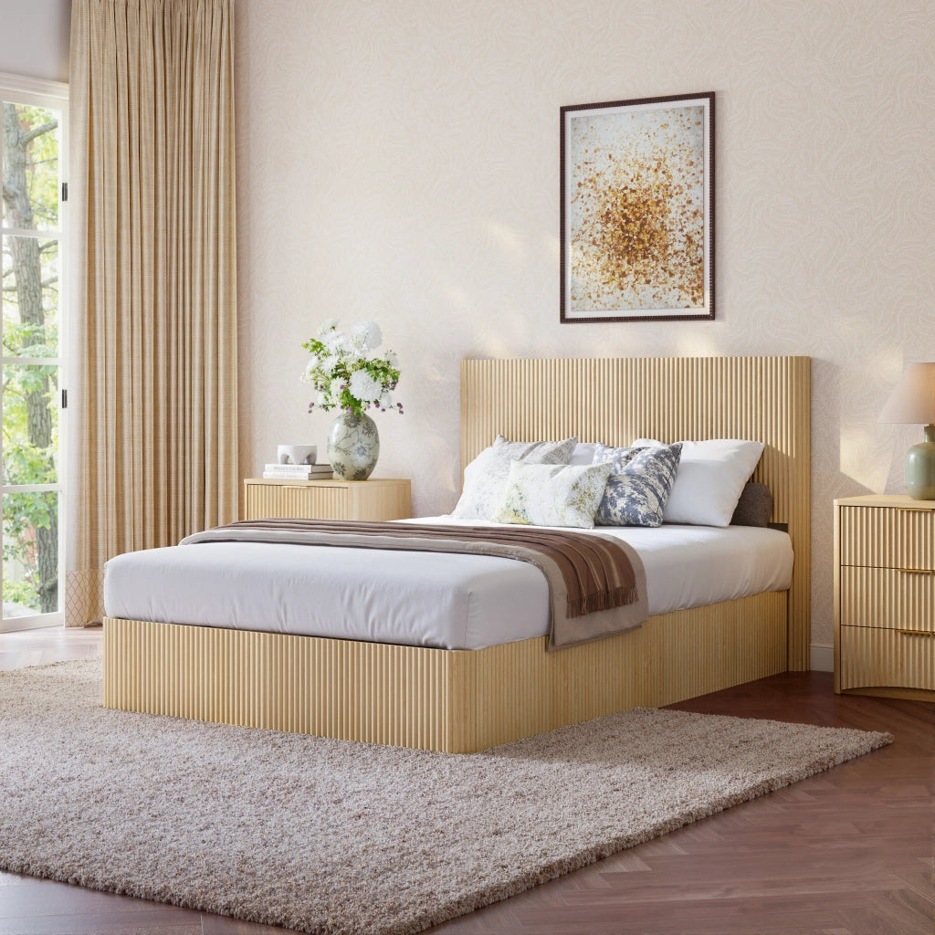 Letto contenitore 140 × 200 cm con sollevamento idraulico testiera a righe struttura in MDF e metallo rovere chiaro