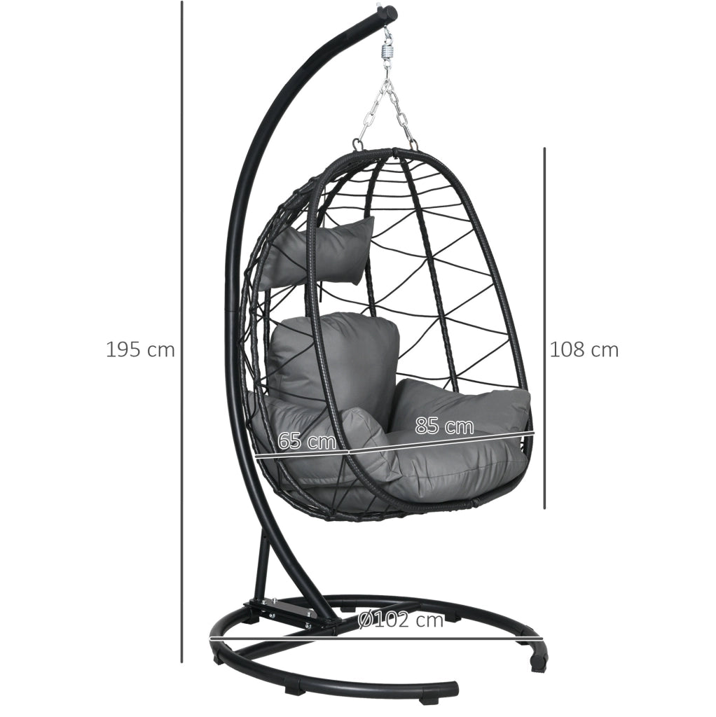 Poltrona sospesa in rattan con supporto e cuscini, nera