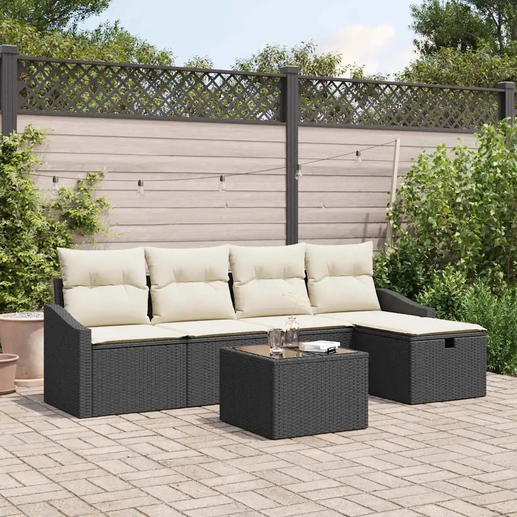 Set di divani con cuscino con archiviazione Nero polyrattan