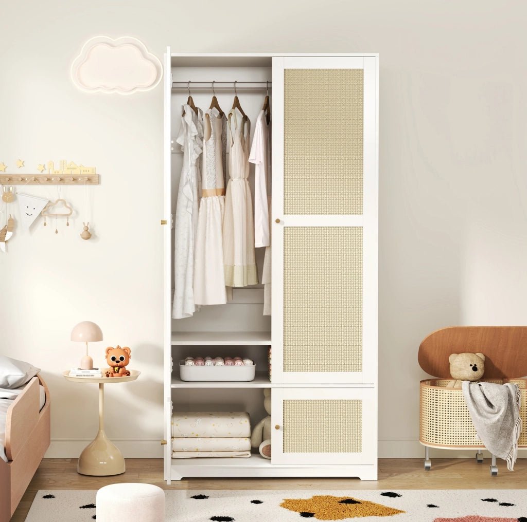Armadio a Due Ante in Legno 90 x 48 x 180 cm con Ante in Rattan Bianco - Ideale come regalo per Halloween e Natale