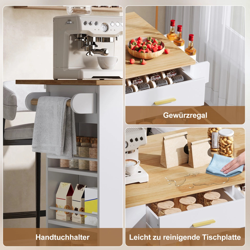 Isola da cucina mobile con piano ribaltabile; 3 cassetti e portaspezie a 3 livelli; bianco; 120x45(71)x90 cm