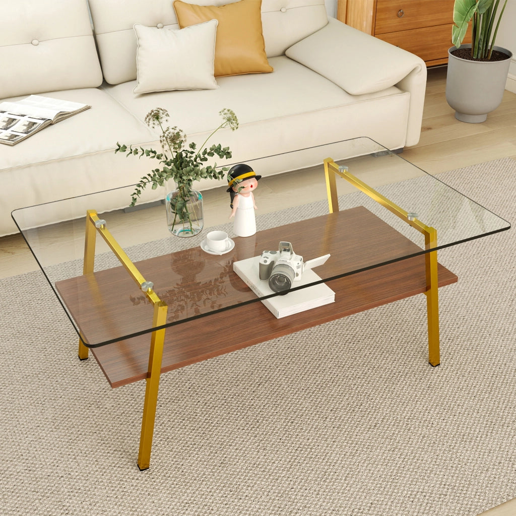 Tavolino basso fisso in vetro temperato con base in MDF e gambe in metallo oro rosa cipria 98 × 58 × 42.5 cm