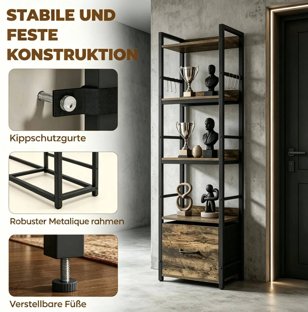 Libreria stretta a 4 ripiani con cassetto e 8 ganci, 39x26x136,5 cm, colore marrone rustico