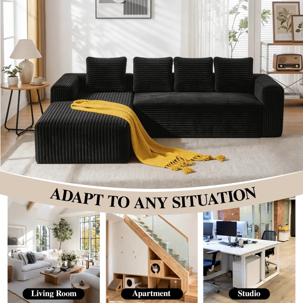 Divano modulare a forma di l con chaise longue reversibile in velluto a coste nero 261.0 × 168.0 × 58.0 cm 2 moduli