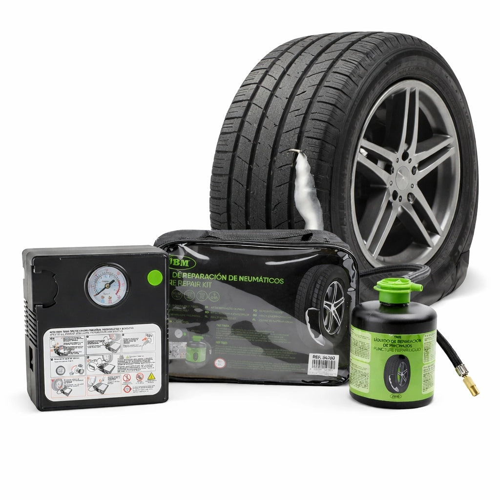 Kit riparazione pneumatici tubeless con compressore 12V e liquido sigillante, ripara forature fino a 6 mm e consente percorrenza fino a 100 km