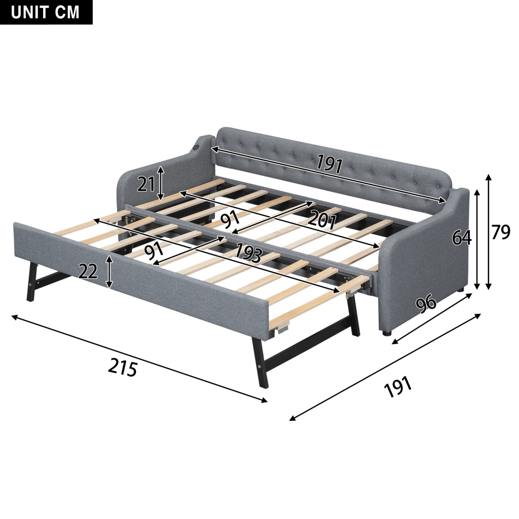 Divano letto 90 × 200 cm con letto estraibile USB in tessuto di lino grigio struttura in MDF con rete a doghe