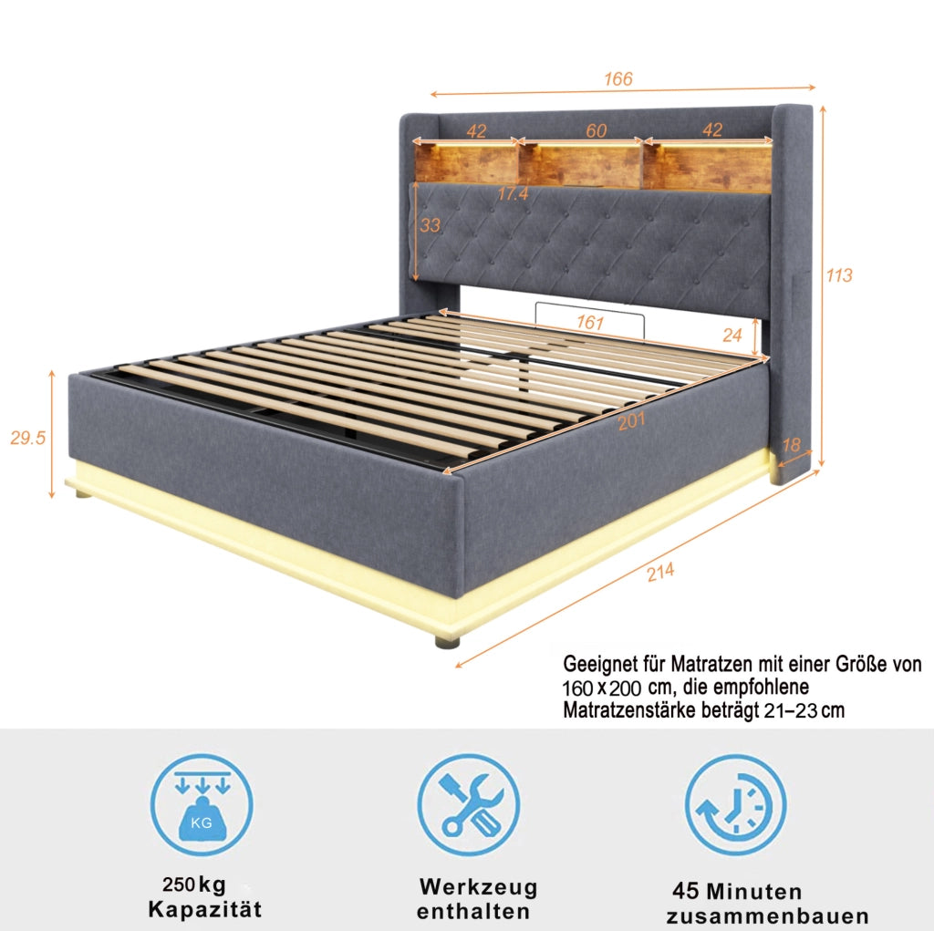 Letto imbottito LED con contenitore idraulico e porta USB 160x200 cm; grigio