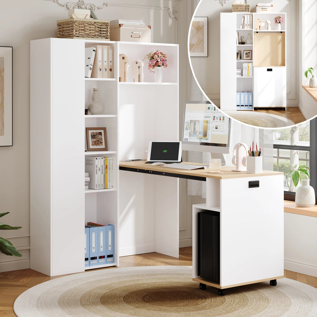 Scrivania pieghevole con libreria presa UE USB ripiani regolabili MDF bianco 104.5 × 30.5 × 160 cm