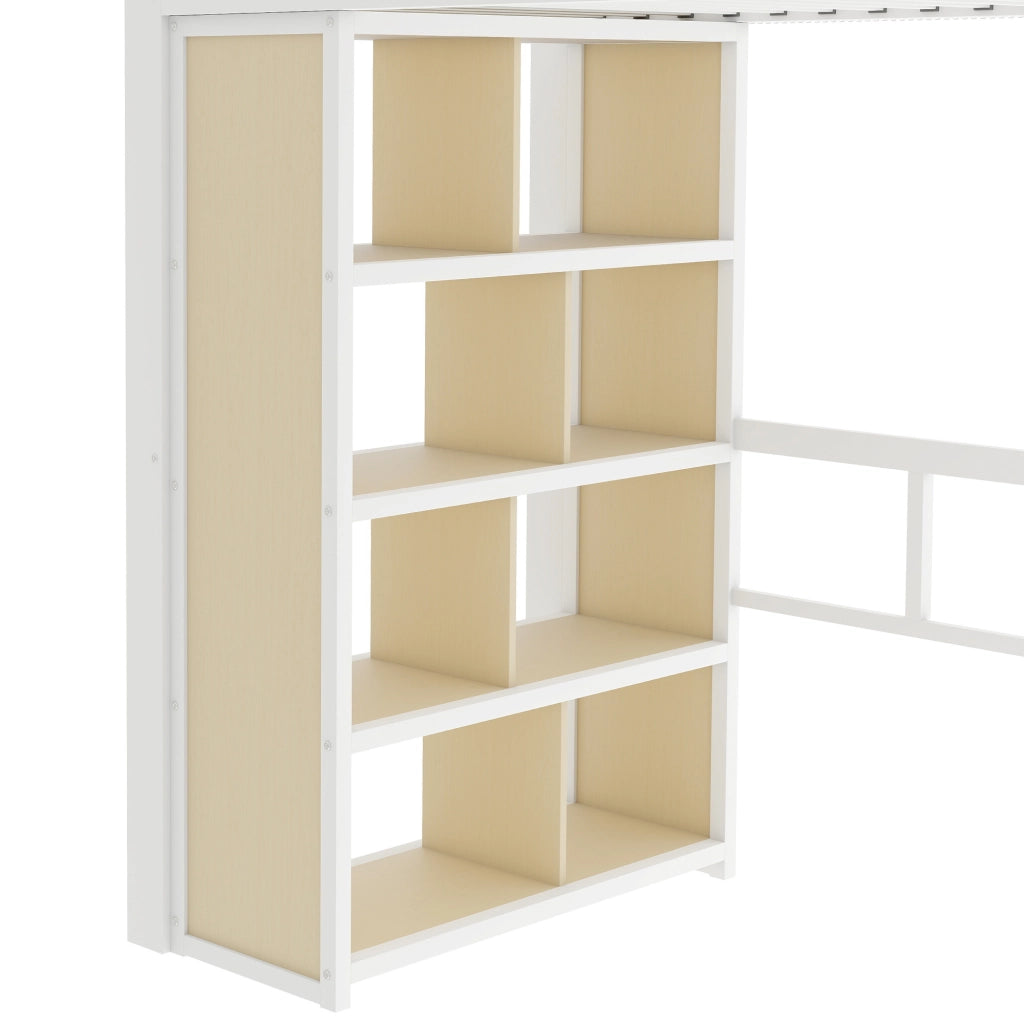 Letto a soppalco 90 × 200 cm 1 posto con scrivania, mensole, scaletta contenitore e LED, senza materasso, bianco