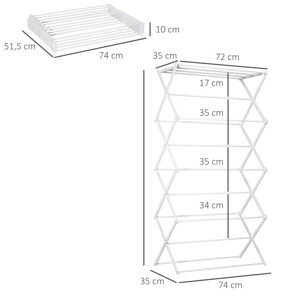 Stendino verticale pieghevole a 8 livelli con 10 aste e ripiano superiore bianco 74 × 35 × 144 cm