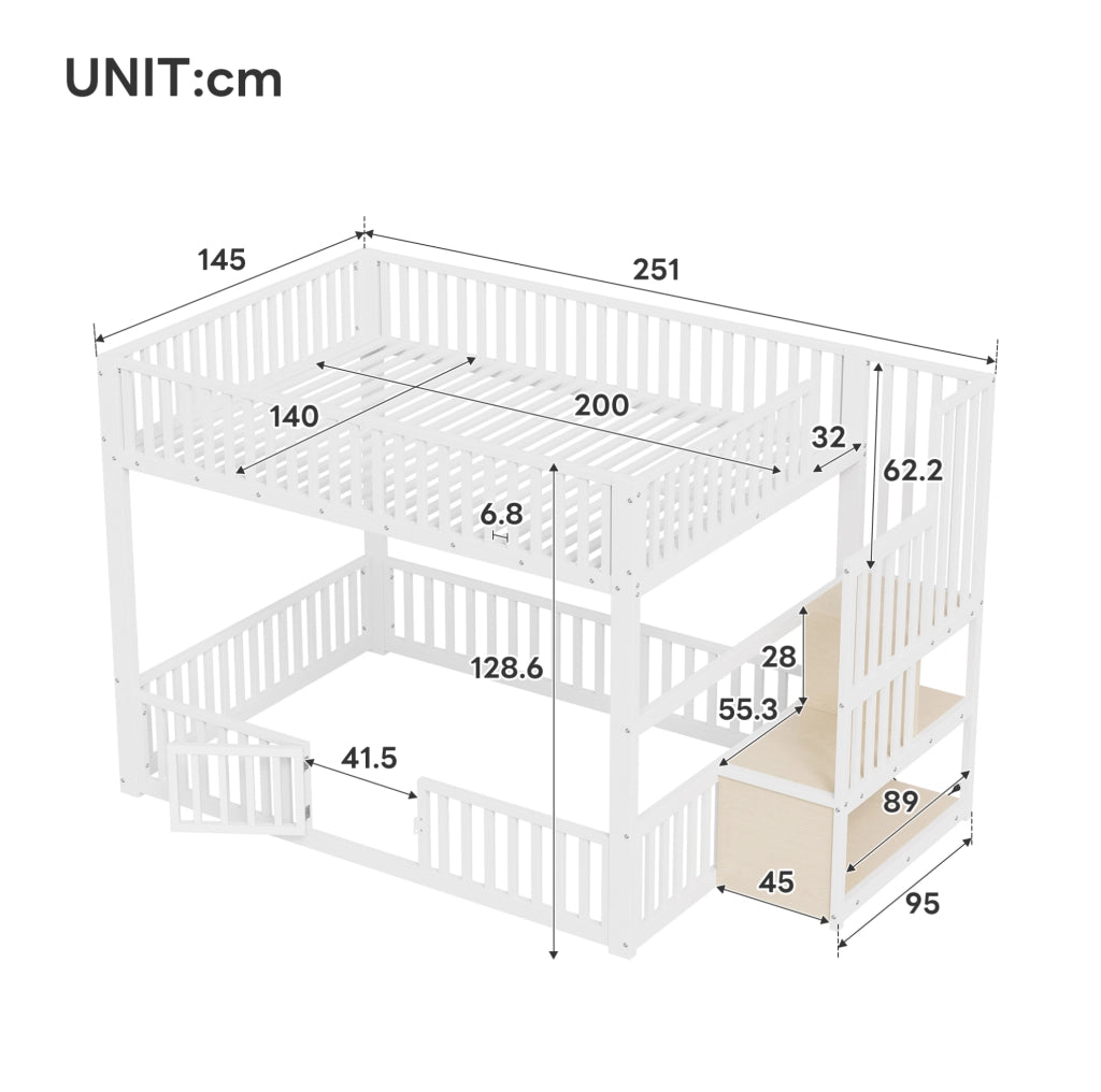 Letto a castello 140x200 con scala contenitore e illuminazione LED, colore bianco