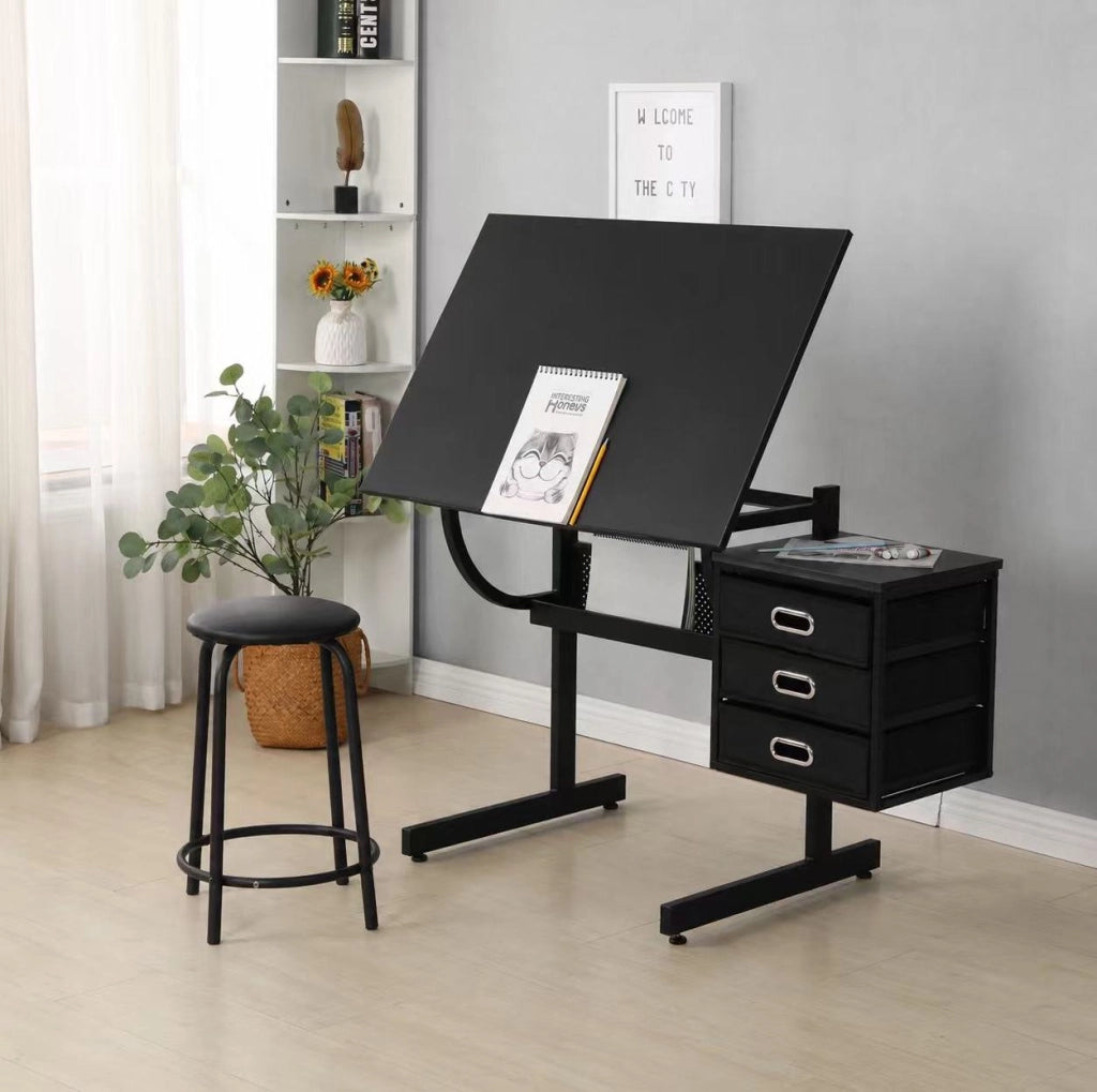 TAVOLO DA DISEGNO Regolabile Nero con Sgabello e 3 Cassetti