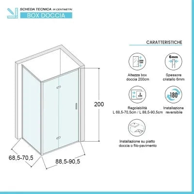 Box doccia 70x90 cm con porta a soffietto trasparente H 200 cm Ted