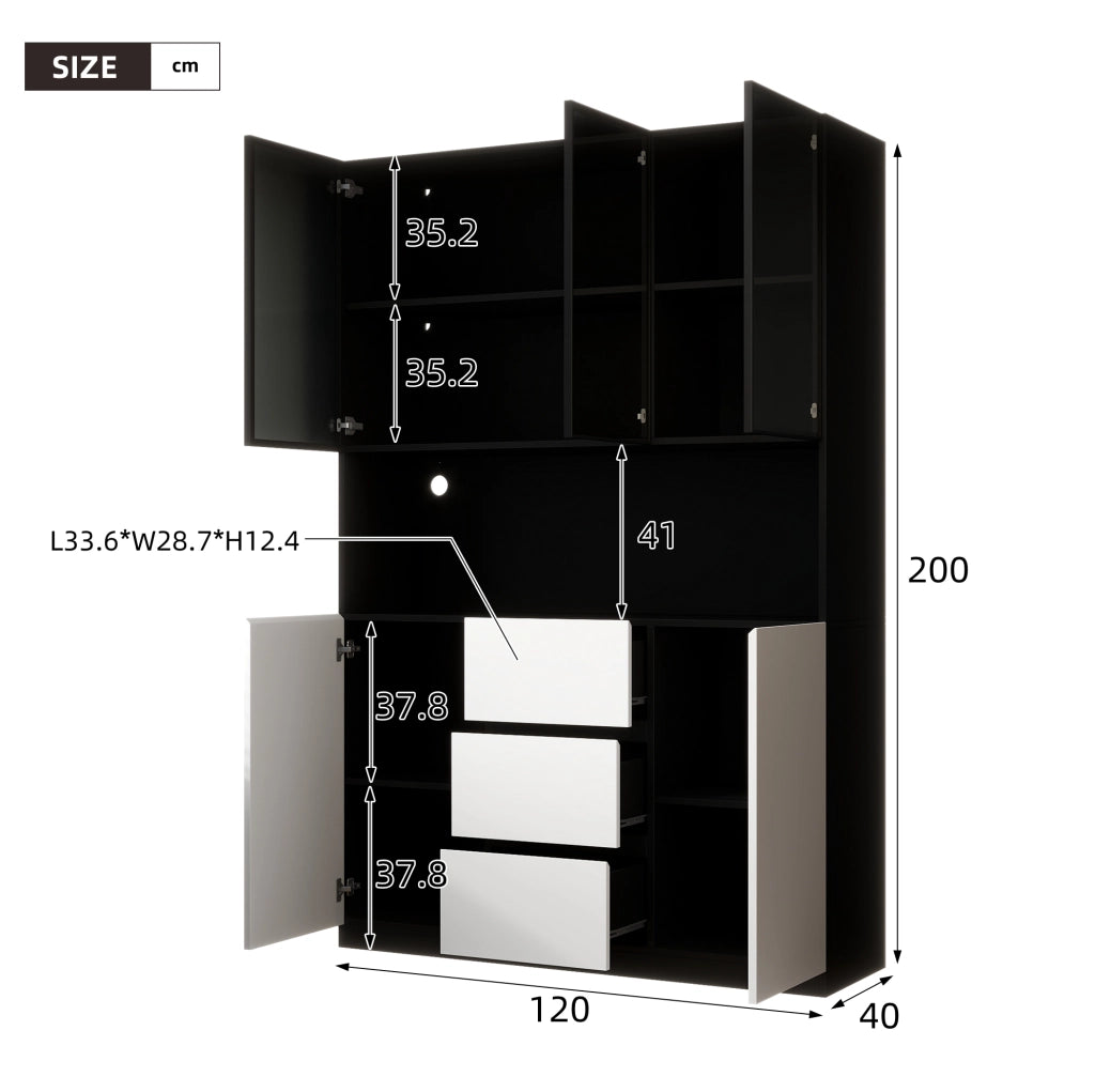 Vetrina 120x40x200 cm con LED multicolore, vetro temperato e 3 cassetti nera