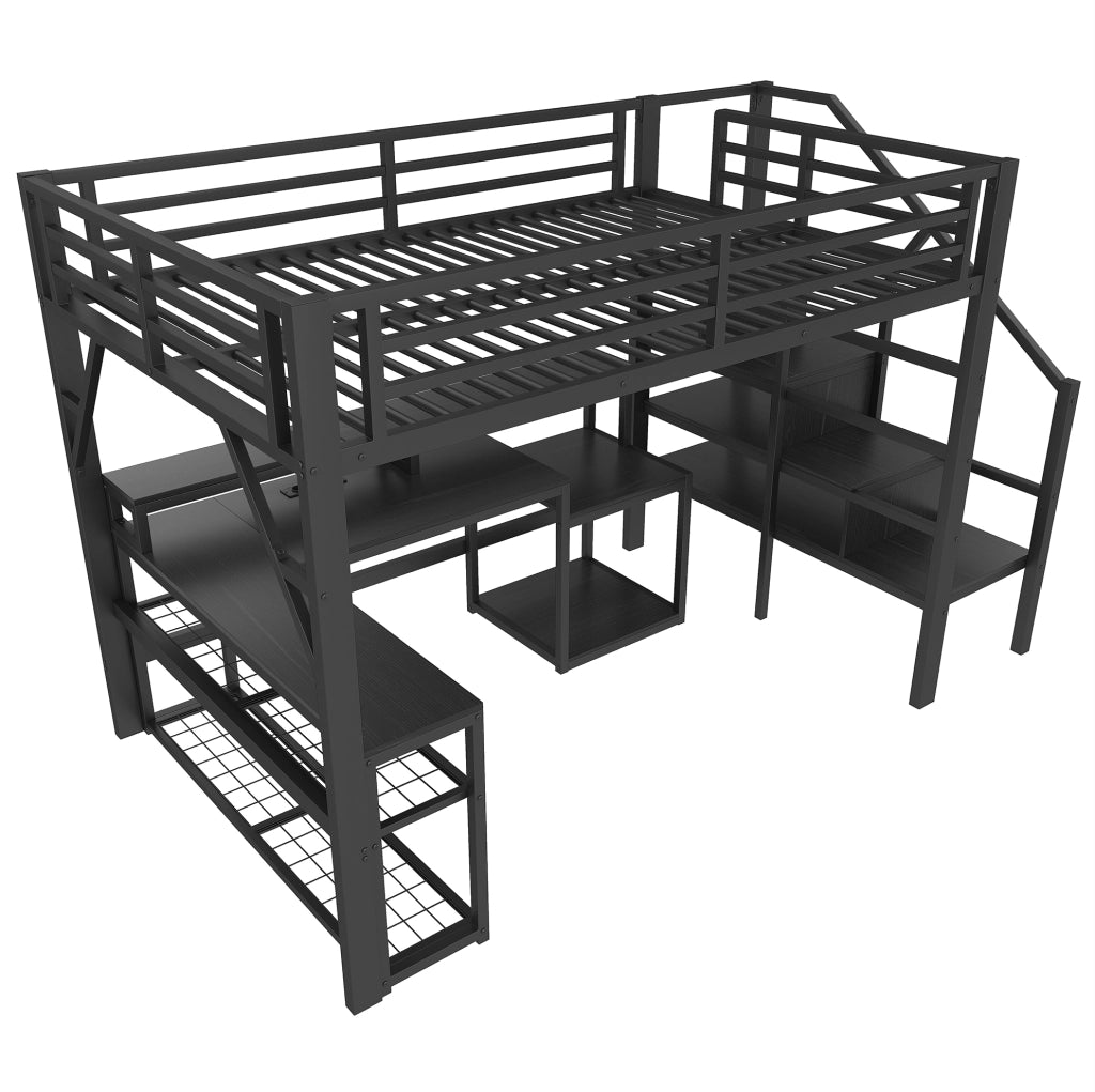 Letto a soppalco 140x200 cm con struttura in ferro, scrivania, LED integrato e prese USB, colore nero