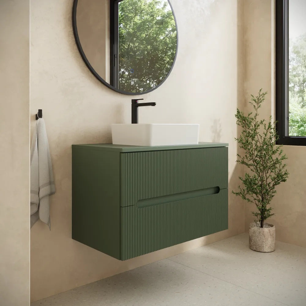 Mobile bagno sospeso 80cm due cassetti verde foresta cannettato con top | Tigua