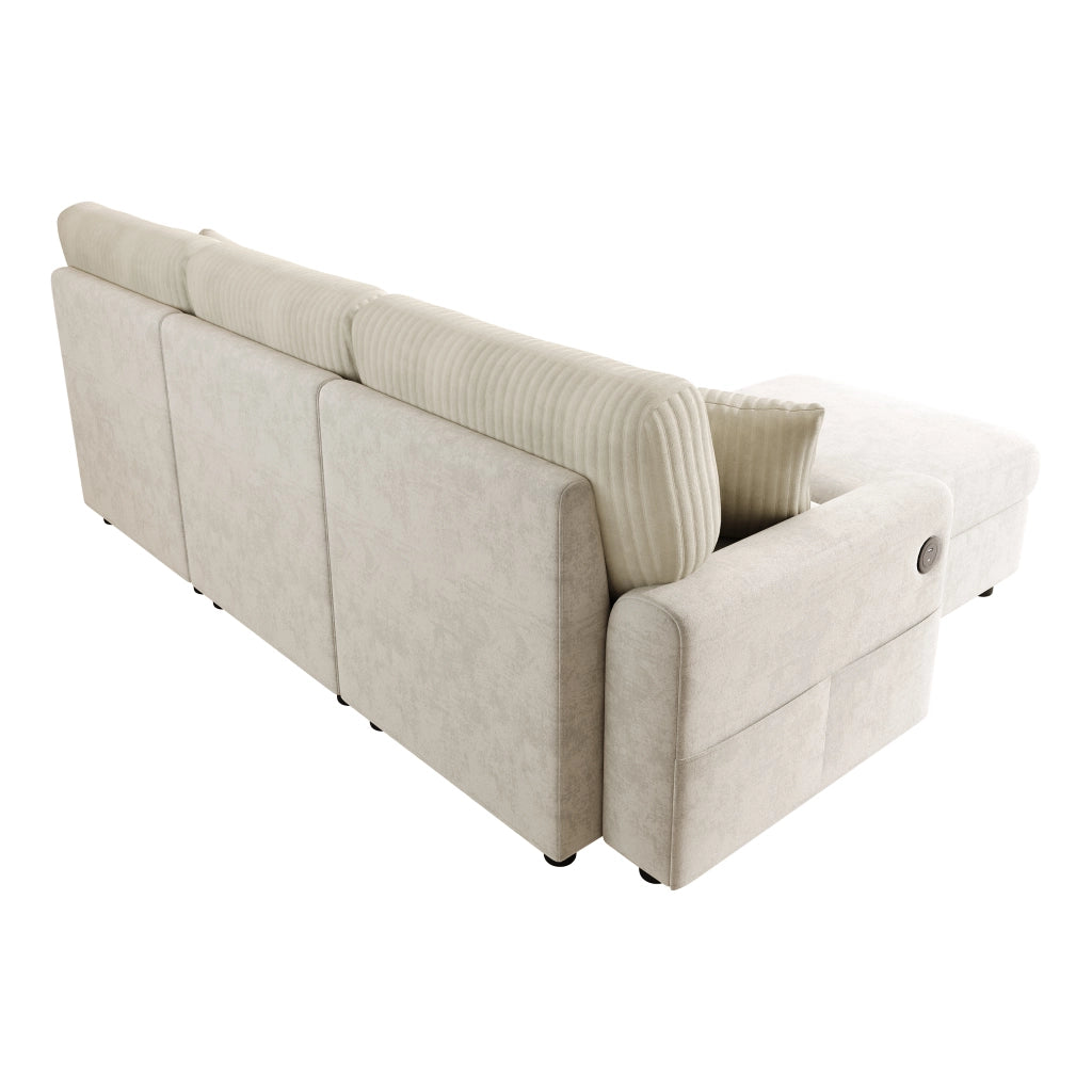 Divano dritto moderno con pouf mobile, porta USB e porta di tipo C, 2 cuscini quadrati, in ciniglia e velluto a coste beige