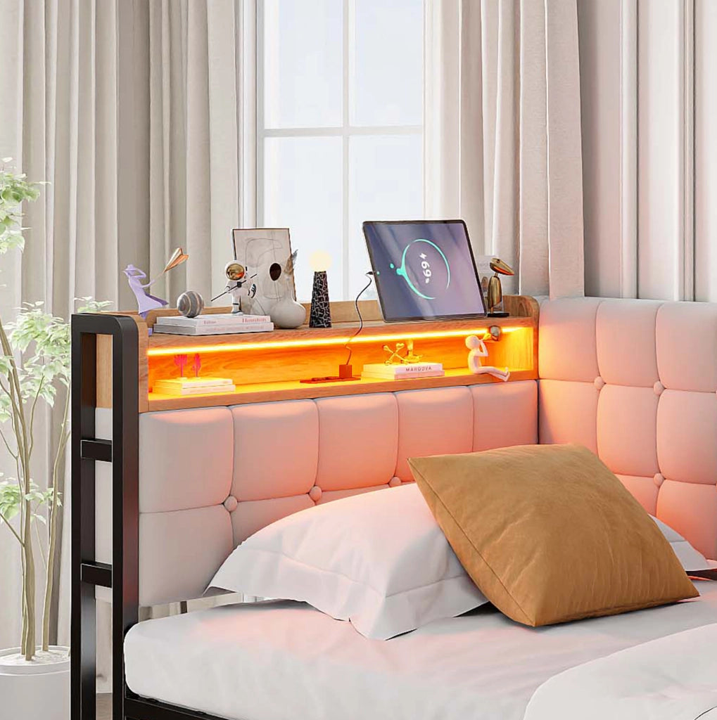 Divano letto imbottito ULEVR 90x200 cm con 2 cassetti, LED, USB e Type-C, beige