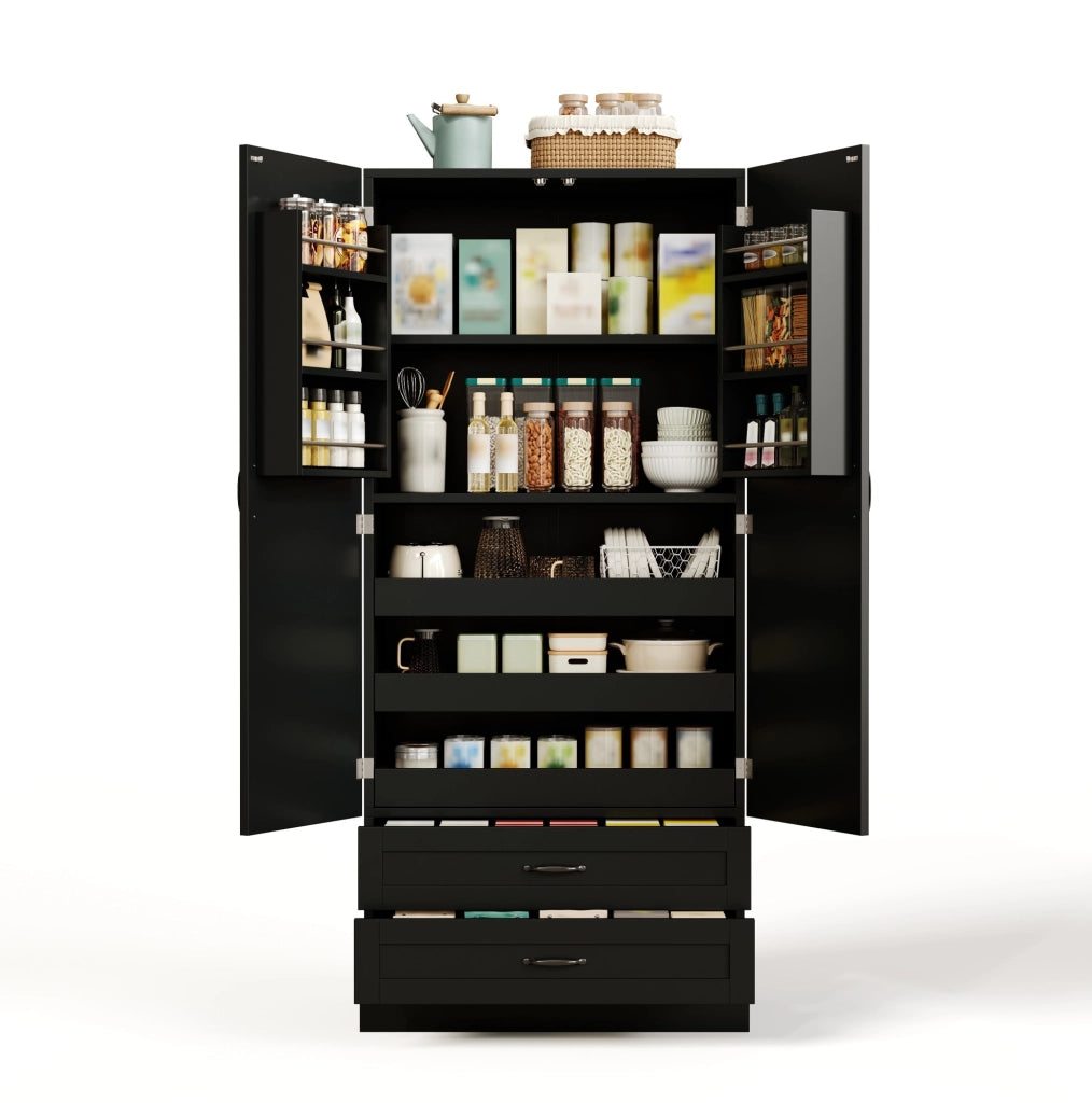 Mobile da cucina alta in MDF con 3 ripiani estraibili, 2 cassetti e ante con scaffali, 80x37,5x180 cm