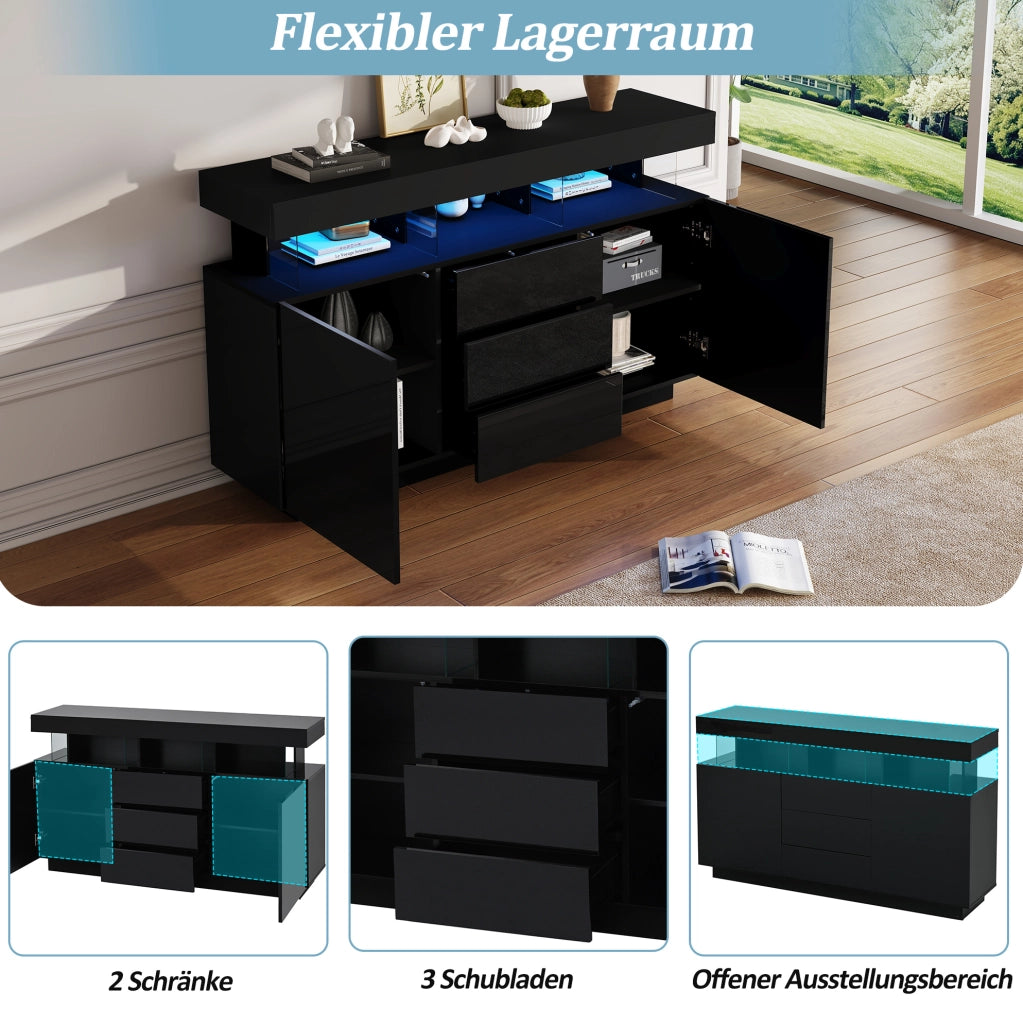 Credenza nera lucida con LED, 3 cassetti e vani contenitore 140x35x80 cm