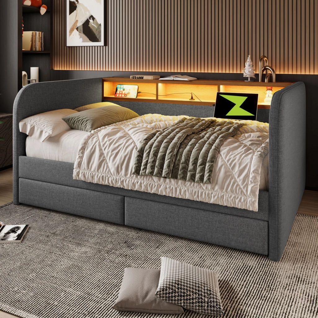 Letto imbottito 140x190 cm grigio con luci LED