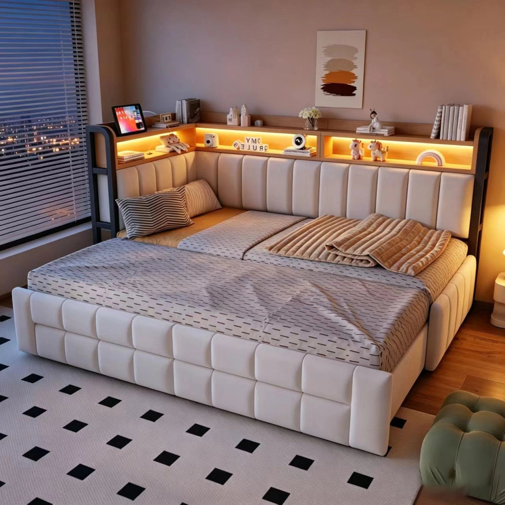 Divano letto 90x200 cm estraibile 180x200 cm con LED; USB e Type-C; cassetti; velluto beige
