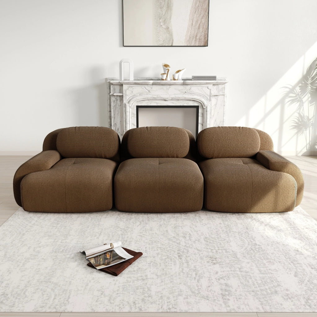 Desviae Divano angolare modulare in velluto a coste marrone senza montaggio con braccioli curvi 70 × 298 × 103 cm