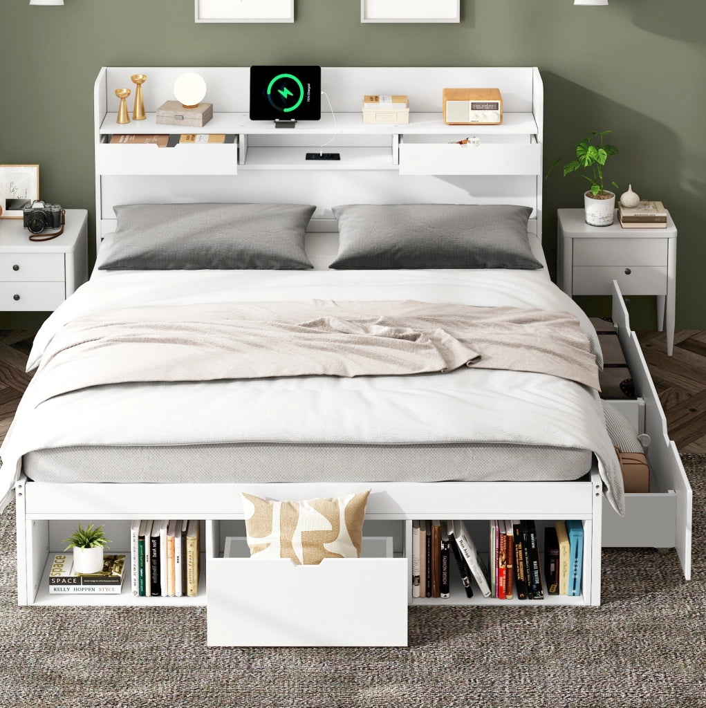 Letto matrimoniale 160x200 cm con porta USB, cassetti e armadietto, struttura in MDF e compensato, capacità fino a 200kg, bianco, senza materasso