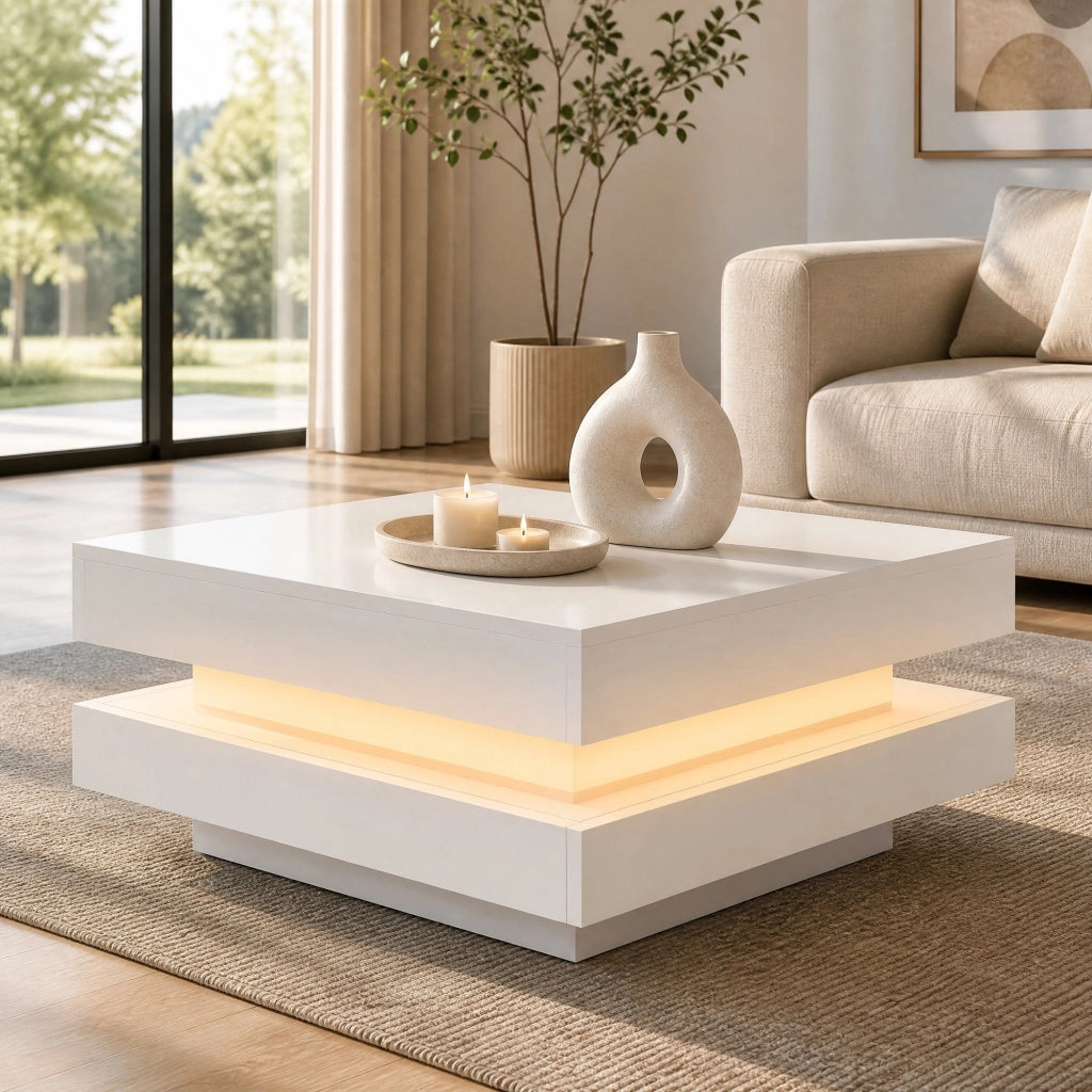 Tavolino da caffè quadrato bianco lucido 70x70x36 cm con piano girevole a 360° e LED