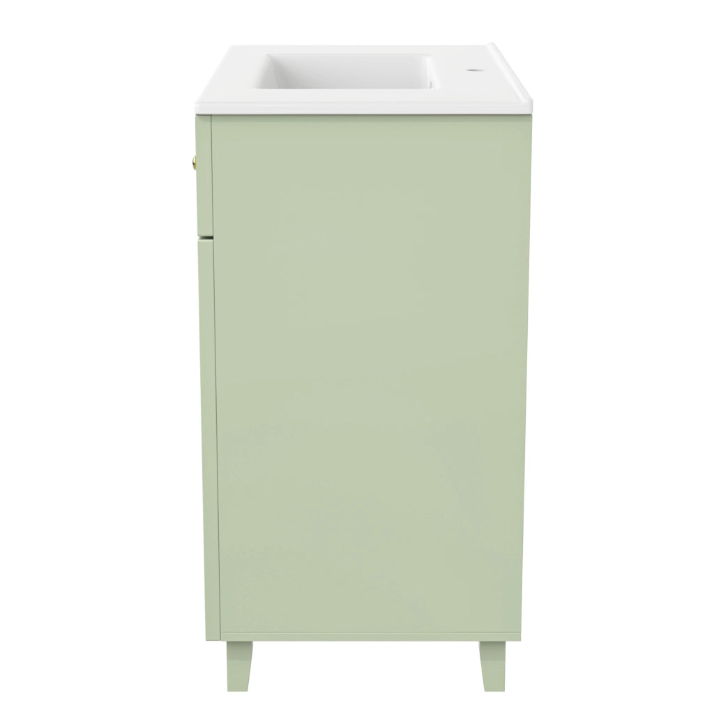 Mobile da bagno a terra con lavabo in ceramica cassetti e anta in MDF laccato verde piedi in legno di pino