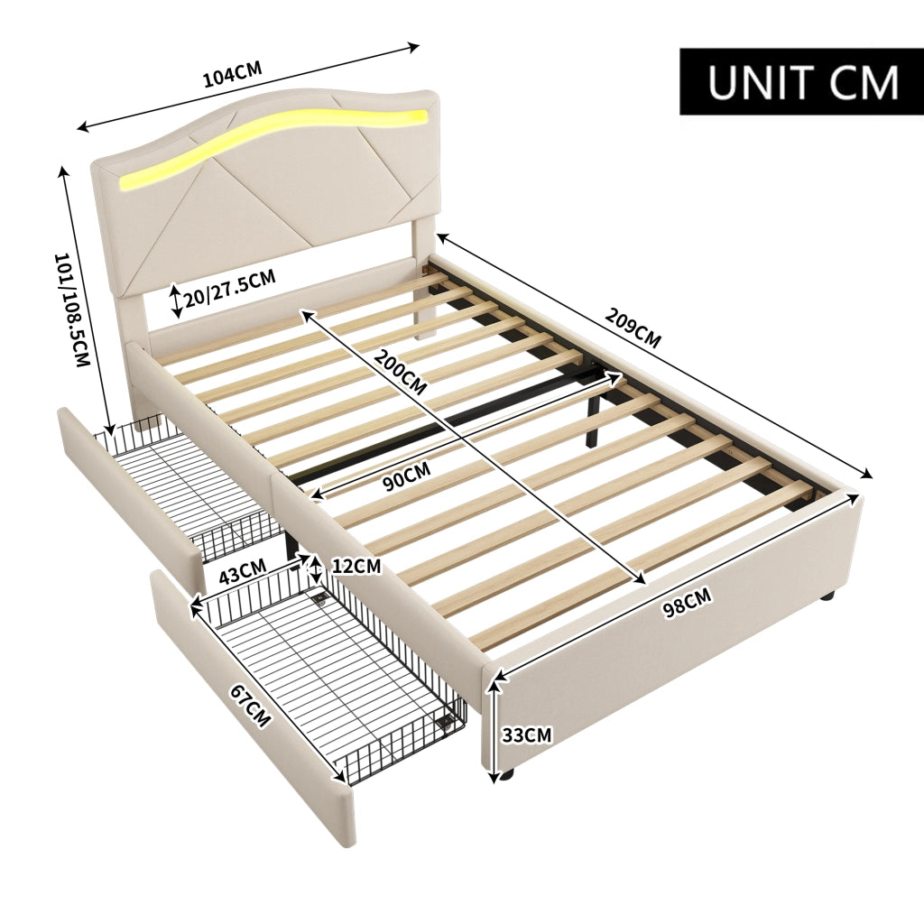 LETTO imbottito 90x200 cm con LED e 2 cassetti, lino beige