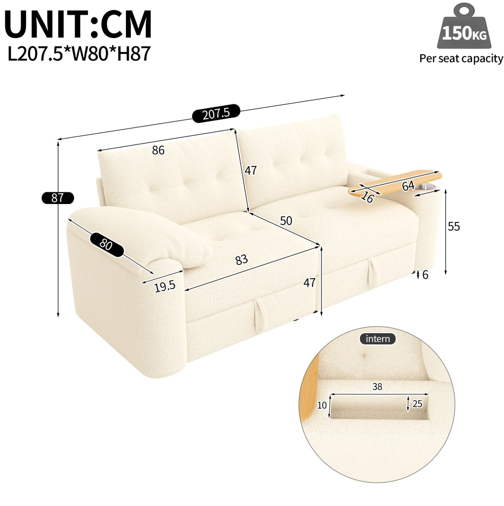 Divano modulare 2 posti in teddy beige con contenitore e tavolino