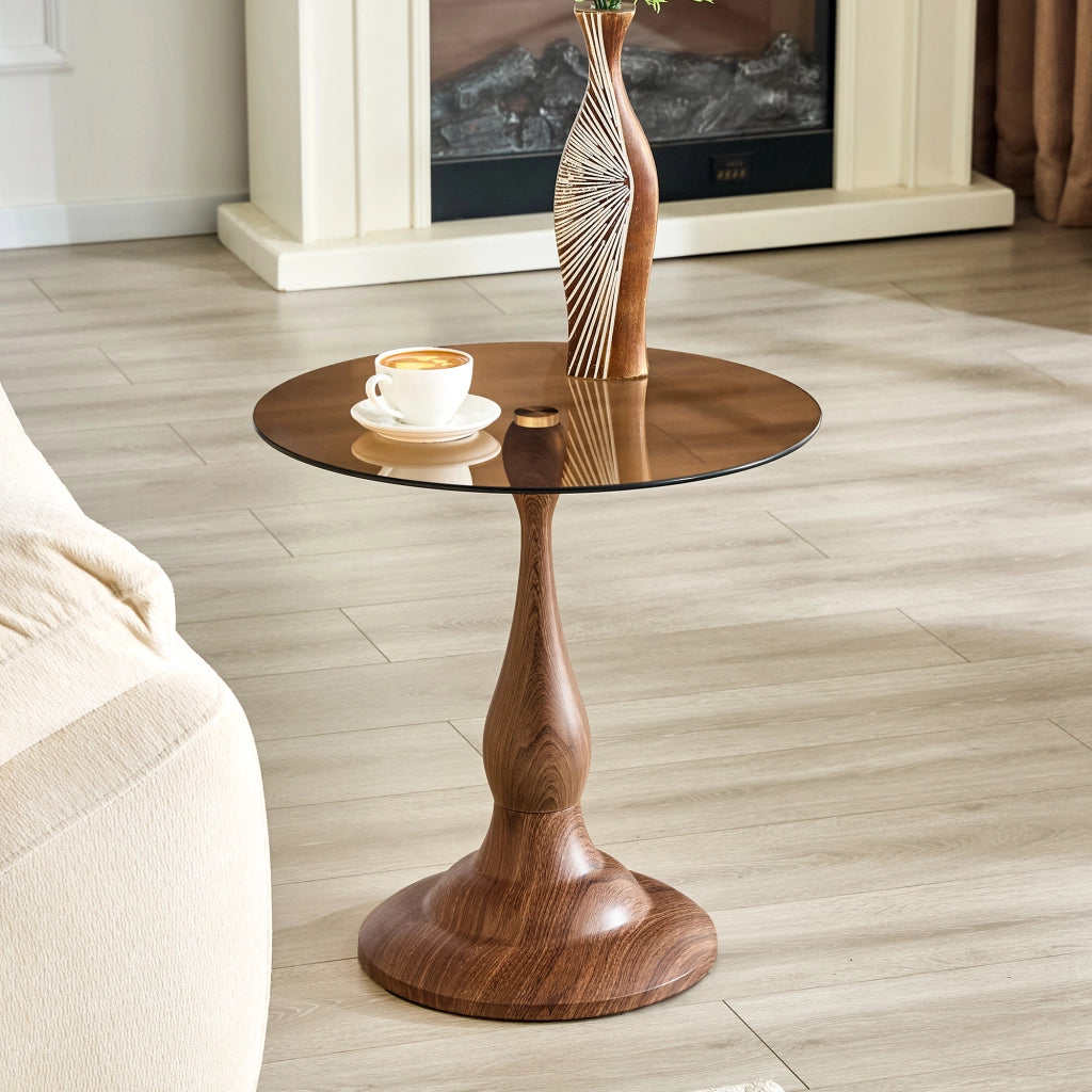 Tavolino da divano rotondo con piano in vetro temperato e base in metallo marrone diametro 50 cm altezza 51.5 cm