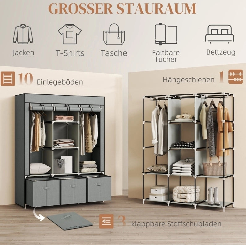 Armadio in tessuto con appendiabiti e cassetti, 125x43x162,5 cm, grigio chiaro