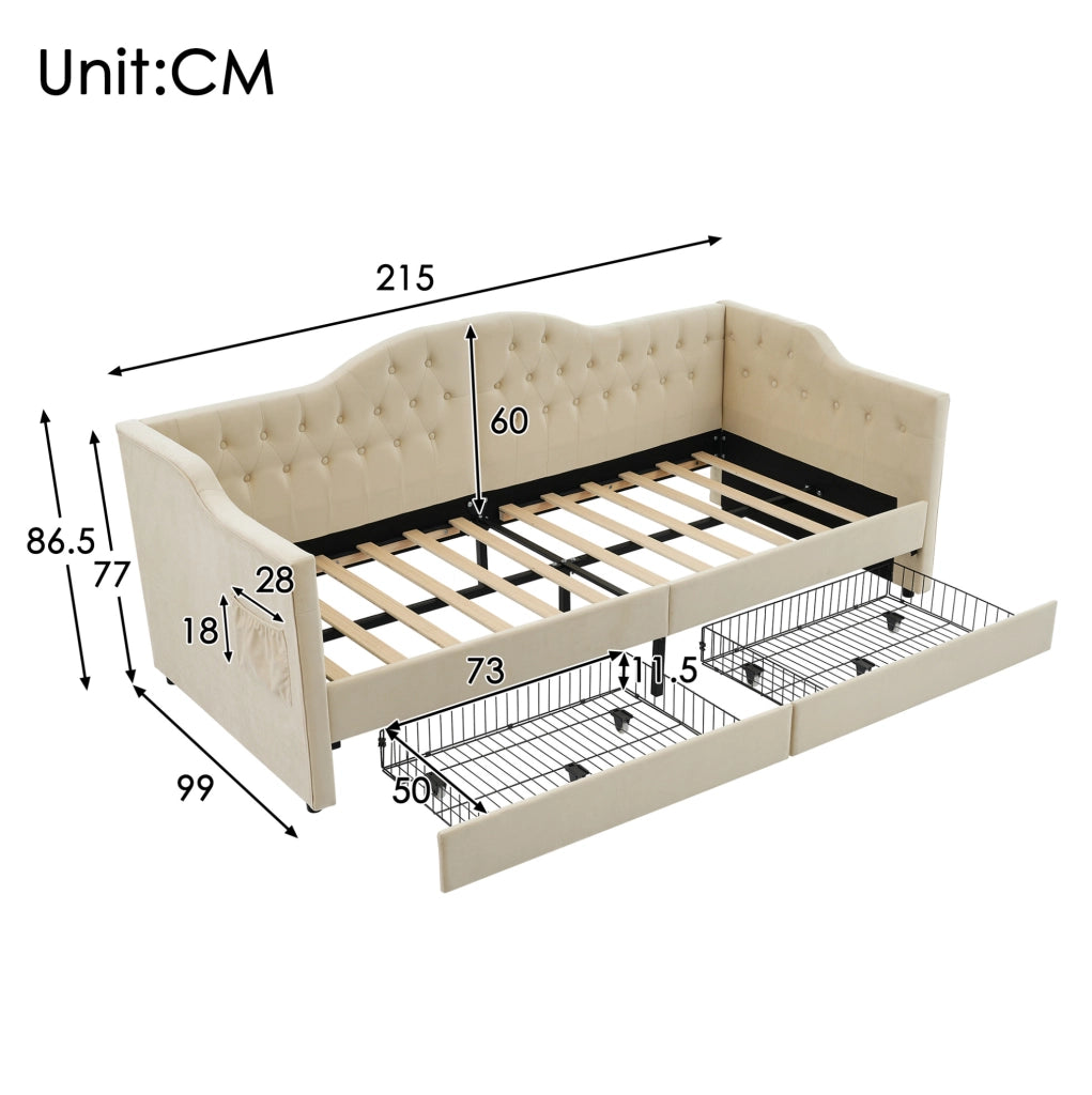 Daybed imbottito 90x200 cm con 2 cassetti; USB e Type-C; velluto beige