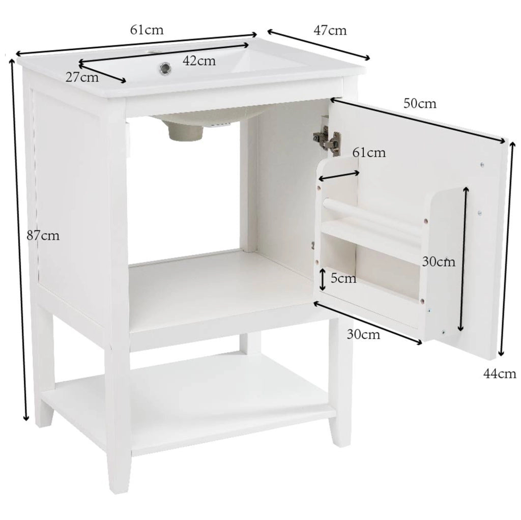 Mobile bagno con lavabo in ceramica da 60 cm, bianco, con ripiani