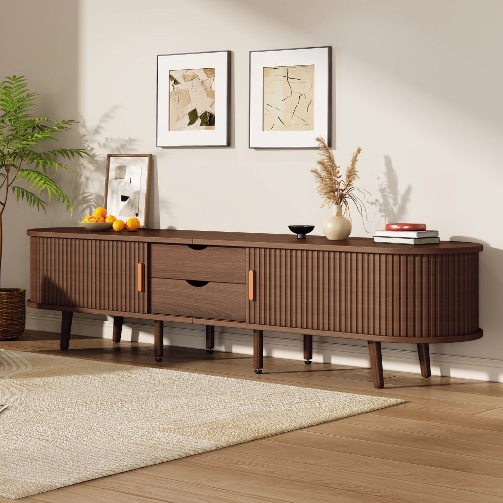Mobile TV ovale con 2 cassetti e 2 ante scorrevoli in MDF color noce; ripiani regolabili 170 × 40 × 42 cm