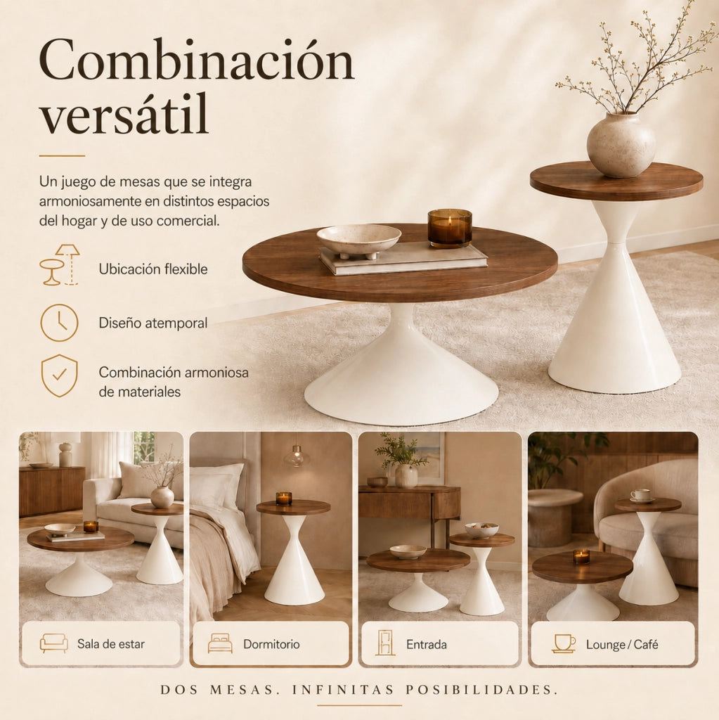 Set di 2 tavoli rotondi, Ø70xH40 cm e Ø50xH50 cm, piano noce caldo e struttura in acciaio color crema per soggiorno e zona notte