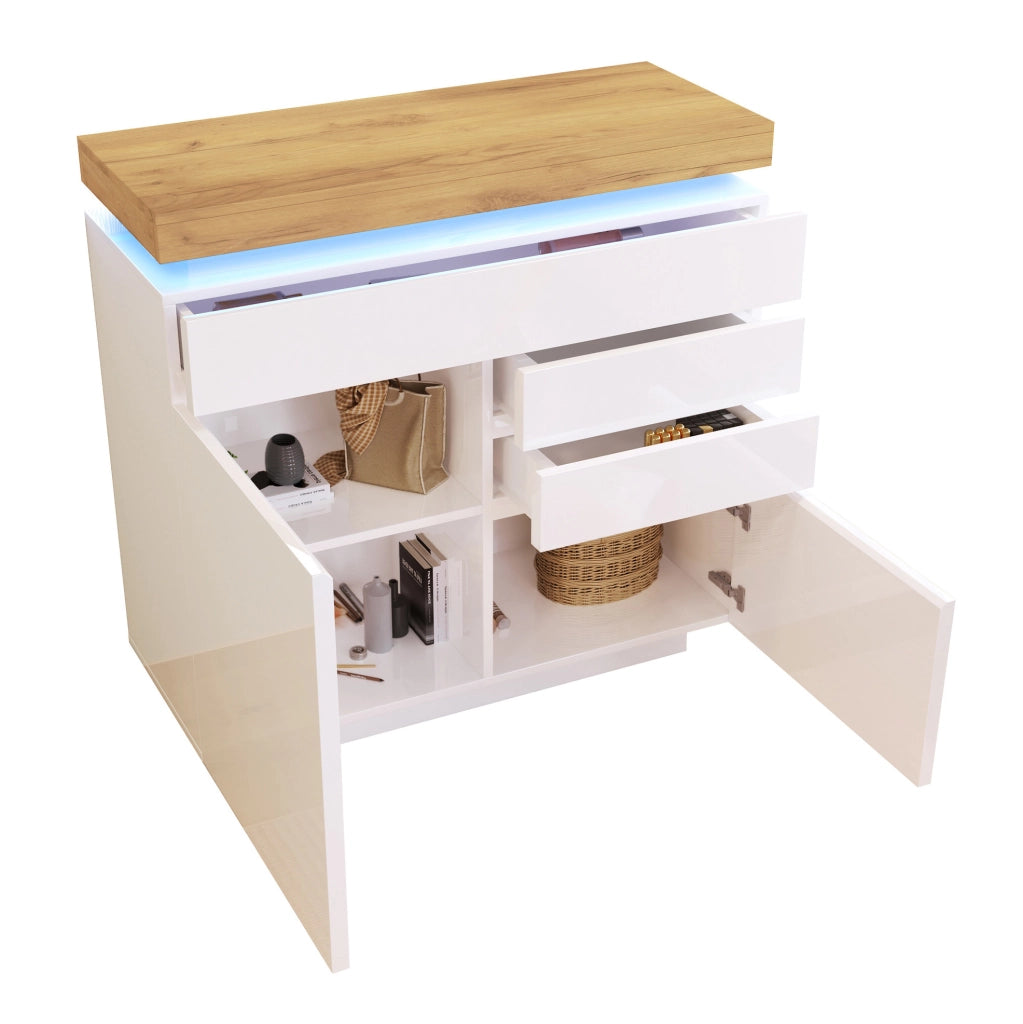 Sideboard bianco lucido con 2 ante, 3 cassetti e illuminazione LED controllabile via app, 115x110x39 cm