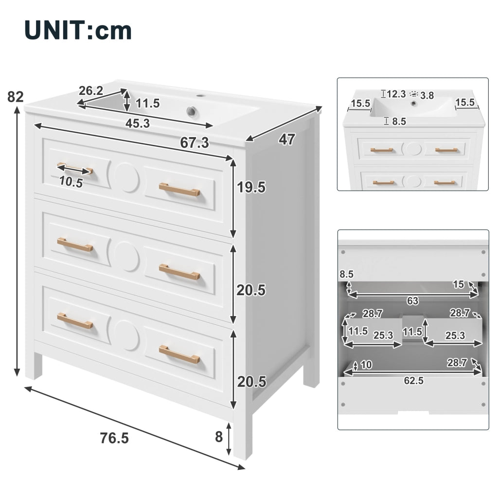 Mobile bagno bianco 76,5 x 47 x 82 cm con lavabo in ceramica integrato e 3 cassetti silenziosi