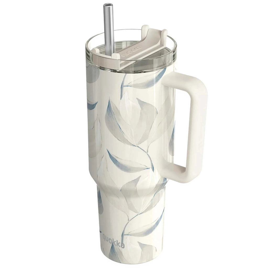 Bicchiere Termico 1200 ml con Cannuccia con Decorazione Fogliame Cotone Bianco Quokka