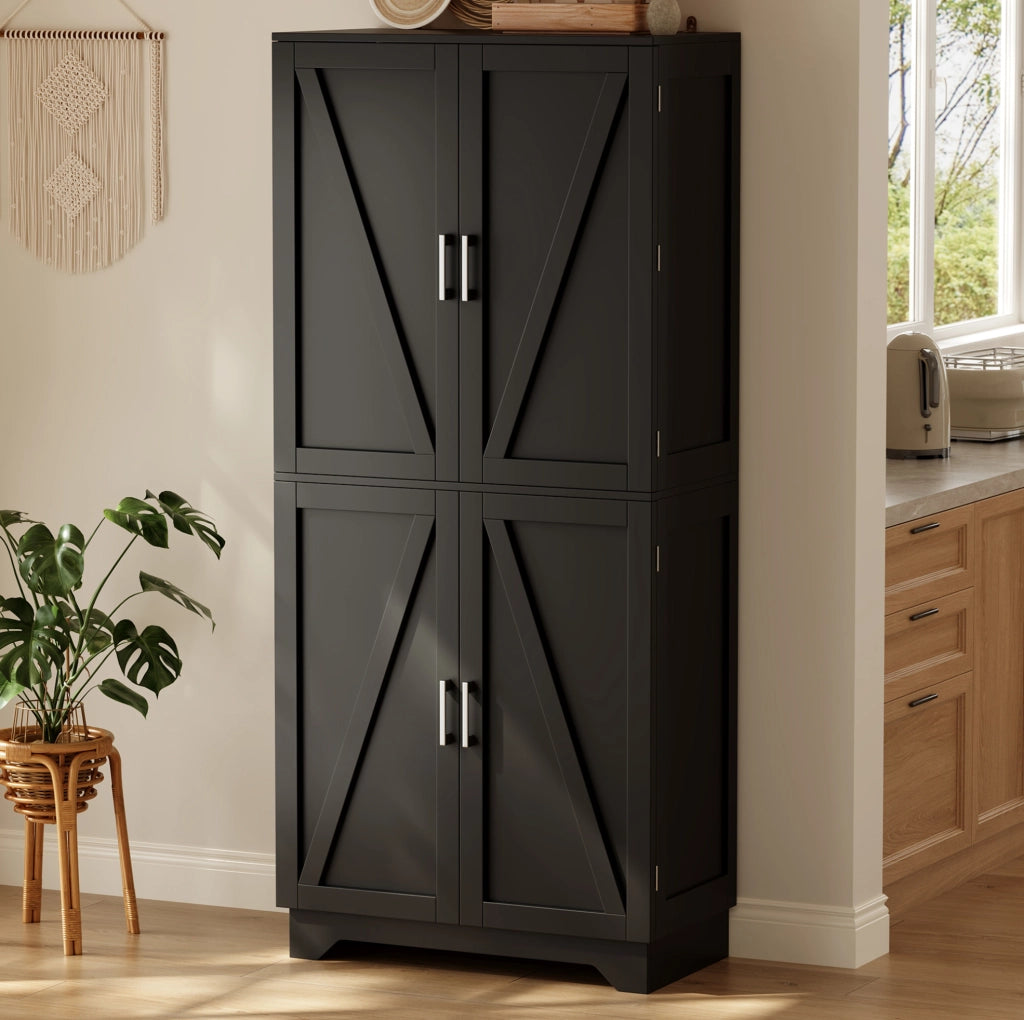 Armadio da cucina 80x40x180 cm con 4 ante; portabottiglie e ripiani in MDF nero naturale