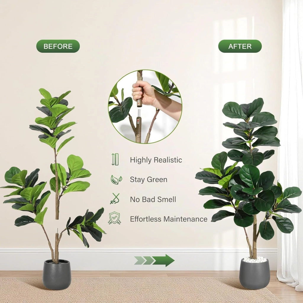 Ficus Lyrata Artificiale 120 cm con Foglie Nervate Vaso Nero e Ciottoli Bianchi