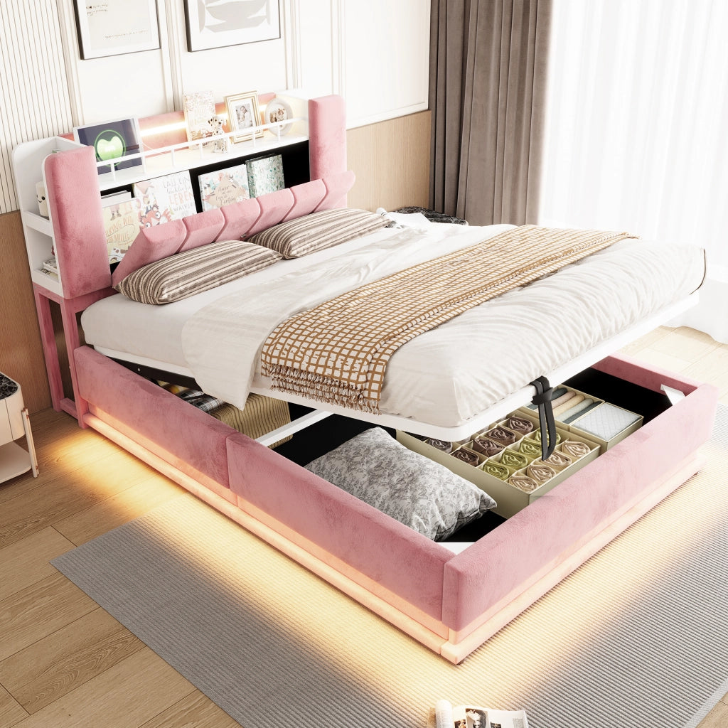 Letto imbottito 140 × 200 cm con vano idraulico LED e USB rivestito in velluto rosa struttura in metallo
