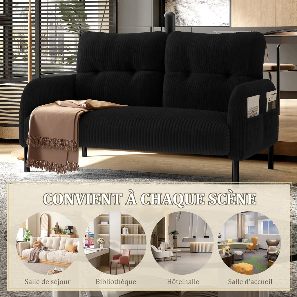 Divano 2 posti 120x75x79 cm con tasca laterale; schienale ergonomico e piedi in metallo; velluto a coste nero