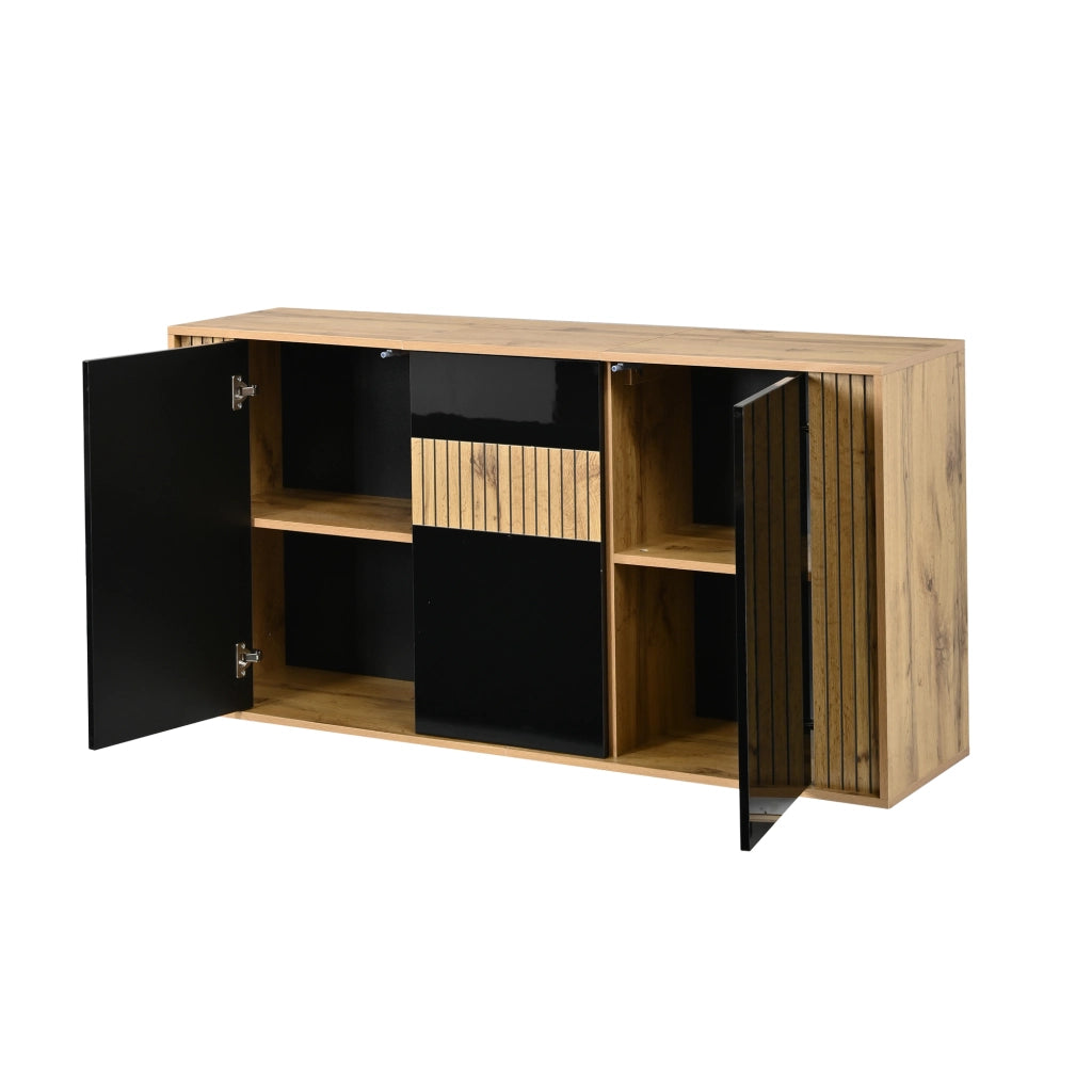 Madia nera e legno con 3 ante; credenza moderna da 140 cm in MDF e pannello truciolare